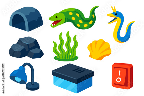 Vibrant Eel Aquarium Icons. Isometric vector illustration set Aquarium life – eel cave, moray eel, ribbon eel; rock crevice, algae