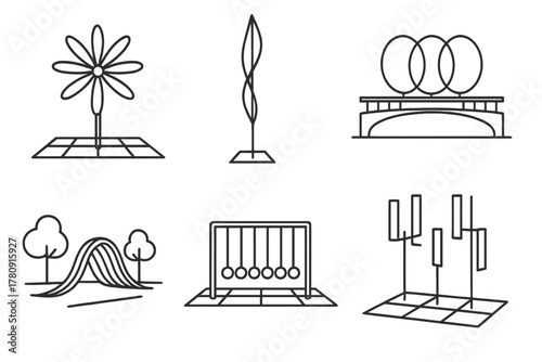 Kinetic Outdoor Installations Icons. Line style icons of large outdoor kinetic installations: plaza-size spinner, monumental wind