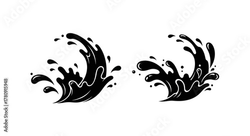 Two abstract black water splash designs on a stark white background