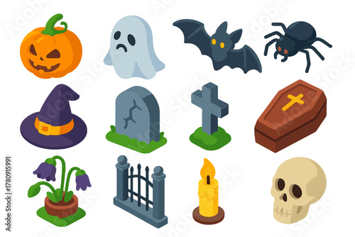 Halloween Graveyard Icons. Isometric vector illustration set Graveyard Scene Icons: pumpkin lantern, sad ghost, flying bat,