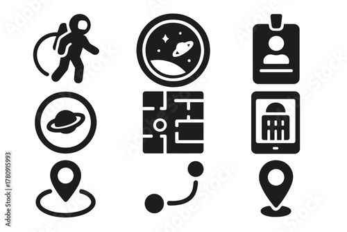 Orbital Hotel Tour Icons. Solid style icons of orbital hotel tours: walking tether glyph, panoramic view icon, guide badge. Guest