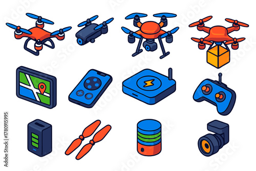 Drone Delivery Icons. Isometric vector illustration set Drone Delivery and Technology: quadcopter drone, foldable drone,