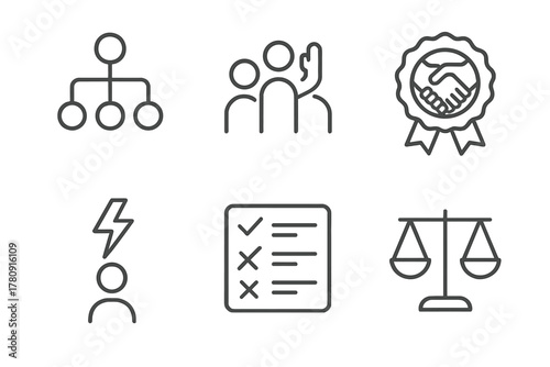 Agile Decision-Making Icons. Line style icons of decision-making in Agile: decentralized choice tree, team vote icon, consensus
