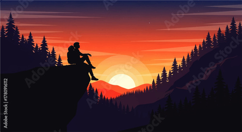 Silhouette of a hiker with a backpack sitting on a cliff edge, gazing at a vibrant sunset over mountains and a dense forest.