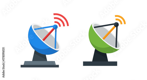 Two colorful satellite dishes broadcasting signals in a clean vector illustration