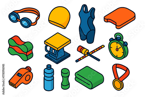 Swimming Race Gear Icons. Isometric vector illustration set Swimming Race Gear Outline Style: swim goggles, swim cap, racing