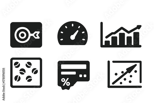 Solid Match Analytics. Solid style icons of match stats and analytics: hit accuracy slab, joust speed meter, energy usage graph.