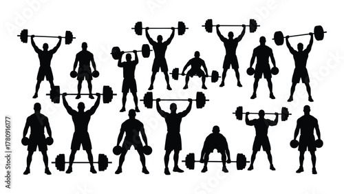 Weightlifting and fitness silhouettes collection isolated on transparent background, Vector