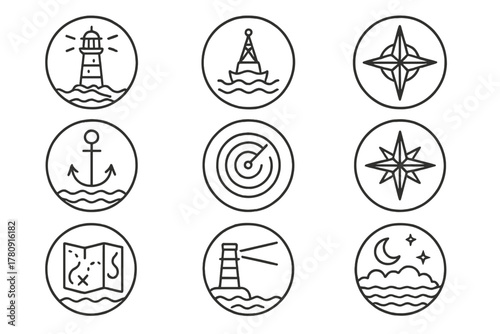 Sea Navigation Icons. Line style icons of sea navigation in round shape: lighthouse beacon, buoy, compass rose, sailing ship;