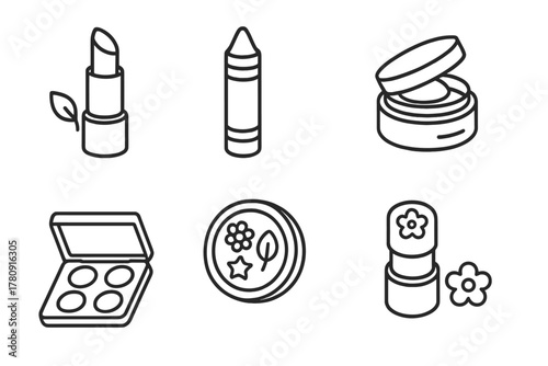 Eco-Friendly Kids' Makeup. Line style icons of kids’ biodegradable makeup: safe play lipstick, paper-wrapped crayon tint, tiny