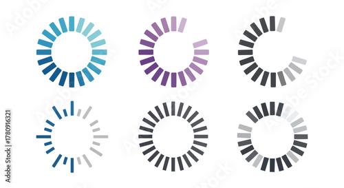 Six circular loading indicators with different colors and progress stages