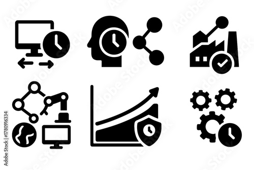 Cyber-Physical Time Icons. Solid style icons of cyber-physical time systems: digital + physical time sync, smart system with clock