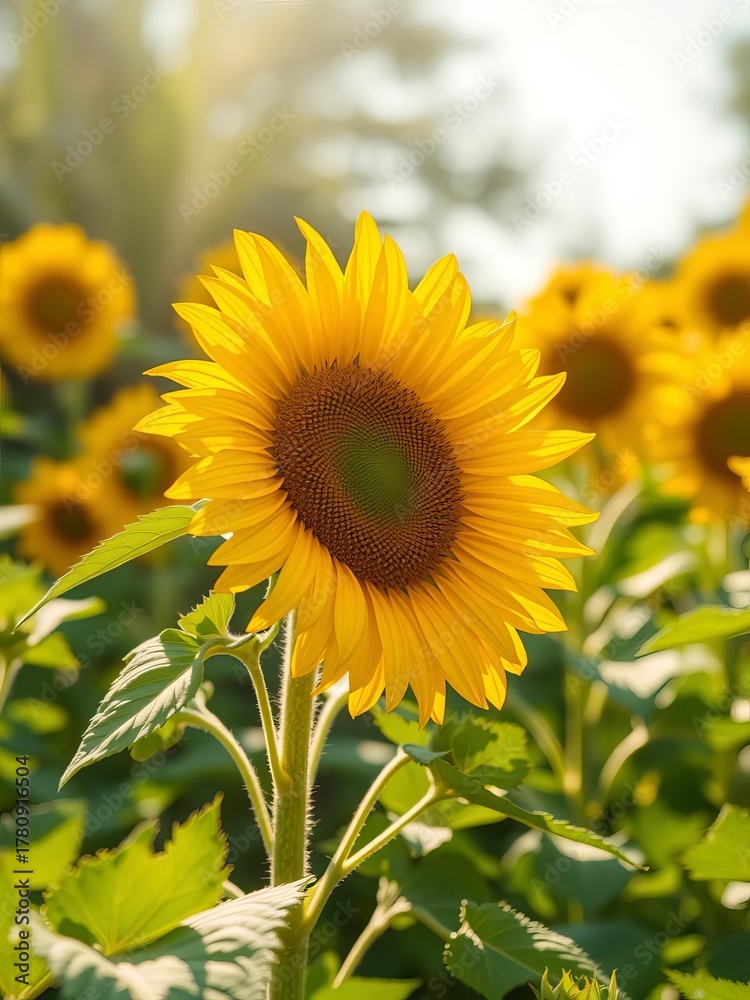 Fototapeta premium Golden sunflower in a field of green, bathed in warm sunlight, capturing the essence of summer's bounty, floral, outdoor