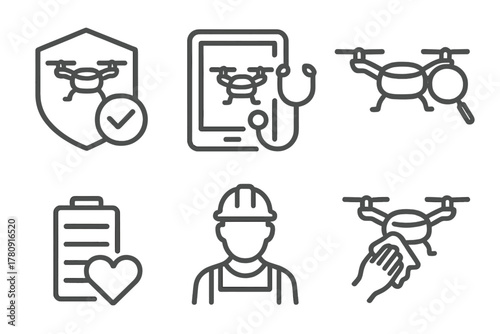 Flying Taxi Maintenance Icons. Line style icons of flying taxi maintenance: routine check badge, drone diagnostics tool, propeller