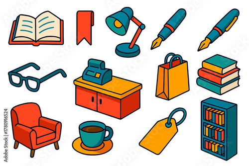 Colorful Bookstore Icons. Isometric vector illustration set Bookstore Icons: open book, bookmark, desk lamp, fountain pen, glasses