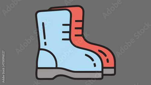 Vector icon of a pair of colorful work boots for hiking or construction. Flat line art design illustration of durable footwear for adventure and labor