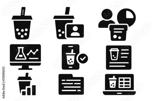 Tea Data Icons. Solid style icons of tea and data integration: bubble tea analytics chart, customer flavor graph, tea lab
