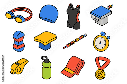 Swimming Race Gear Icons. Isometric vector illustration set Swimming Race Gear Outline Style: swim goggles, swim cap, racing