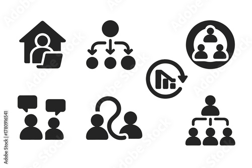 New Workplace Icons. Solid style icons of new workplace dynamics: hybrid age icon, fluid hierarchy chart, reverse growth badge.