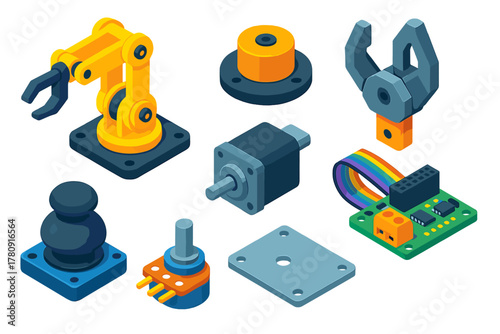 Robotics Kit Components. Isometric vector illustration set Robotics kits – robotic arm base, rotary joint, gripper claw; stepper