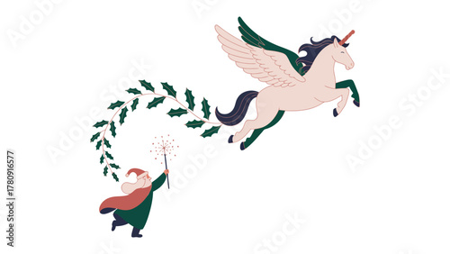 Whimsical Enchantment: A wizard conjures a magical trail as a majestic unicorn with feathered wings soars through the air, embodying a scene of pure fantasy.