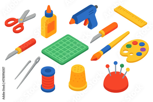 Crafting Essentials Icons. Isometric vector illustration set Crafting Essentials Icons: scissors, glue bottle, hot glue gun, ruler