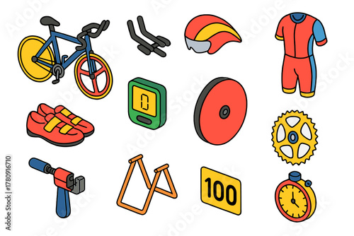 Cycling Gear Essentials. Isometric vector illustration set Cycling Track Race Gear Outline Style: track bike, aero bars, aero