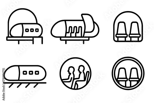 Hyperloop Pod Icons. Line style icons of hyperloop pods at station: stationary pod at dock, pod door opening, empty pod with seats