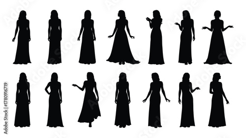 Women in elegant gown silhouettes isolated on transparent background, Vector