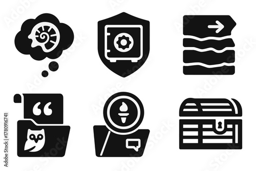 Institutional Memory Icons. Solid style icons of institutional memory: thought bubble with fossil, memory vault badge, cultural