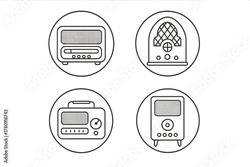 Vintage Radio Icons. Line style icons of vintage radio designs in round shape: tabletop radio, cathedral radio, suitcase radio,