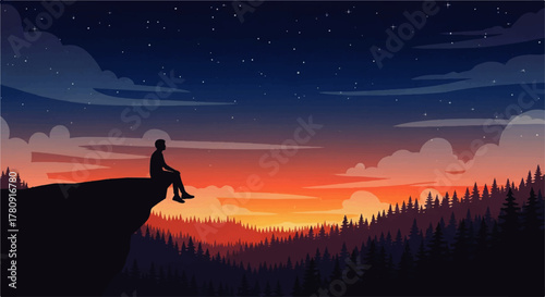 Silhouette of a person sitting on a cliff edge, gazing at a vibrant sunset over a forest landscape under a starry night sky.