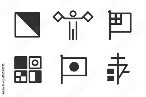 Vexillology Line Icons. Line style icons of Vexillology: maritime signal flag, semaphore symbol, ensign icon, nautical flag set,