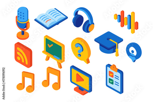 Educational Podcast Icons. Isometric vector illustration set Educational Podcast Icons: microphone, open book, headphones,