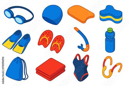 Swimming Gear Essentials. Isometric vector illustration set Swimming Gear Essentials: swim goggles, swim cap, kickboard, pull buoy
