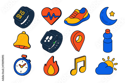 Smartwatch Fitness Icons. Isometric vector illustration set Smartwatch Fitness Icons: smartwatch with digital screen, heartbeat