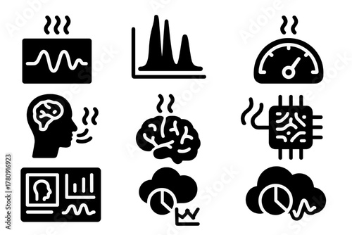 Scent Analysis Icons. Solid style icons of scent data analysis: scent waveform chart, olfactory spectrum graph, smell intensity
