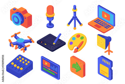 Video Tools Icons. Isometric vector illustration set Video Creator Tools Icons: camera, microphone, tripod, laptop, drone,