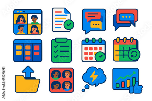 Online Collaboration Icons. Isometric vector illustration set Online Collaboration Icons: group video call, shared document, chat