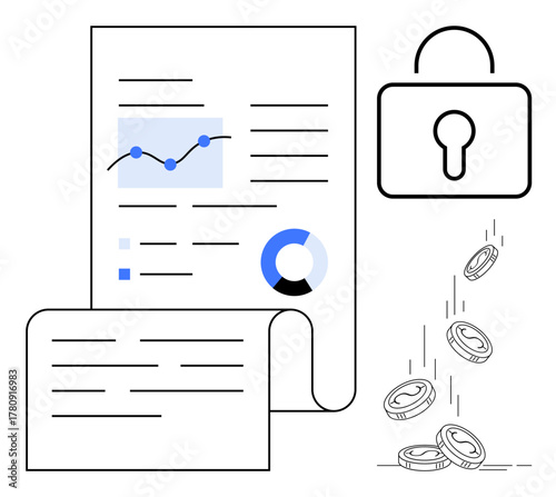 Financial report with graphs and charts, padlock symbol for security, and falling coins. Ideal for finance, security, economy, privacy, technology data analysis digital protection. Simple flat