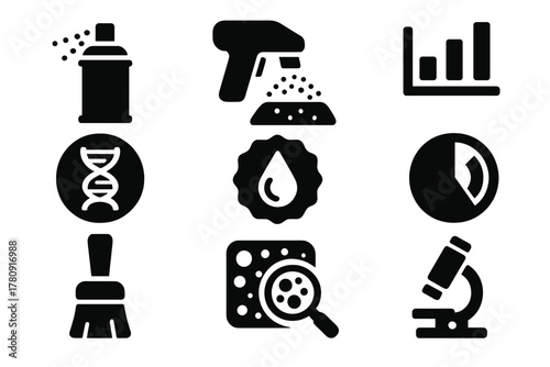 Forensic Analysis Icons. Solid style icons of forensic tagging analysis: spray layer scanner icon, pigment residue chart, chemical
