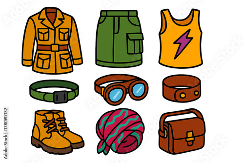 Isometric Safari Fashion. Isometric vector illustration set Street fashion – safari jacket, utility skirt, graphic tank; cargo