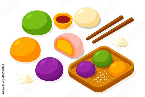 Colorful Mochi Dessert Icons. Isometric vector illustration set Ice cream and desserts – mochi ice cream, rice dough, filling ball