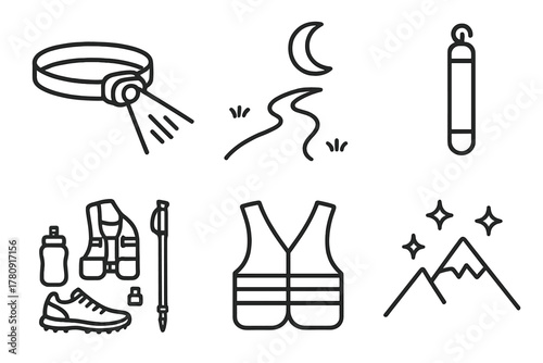 Nighttime Ultra-Race Icons. Line style icons of nighttime ultra-racing: headlamp beam, moon above trail, glow stick icon, night