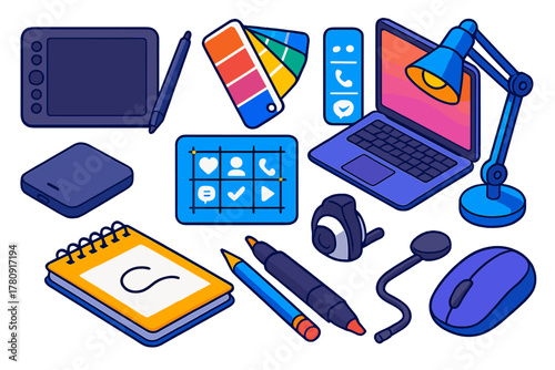 Isometric Design Tools. Isometric vector illustration set design tools for graphic designers and creatives: wireless pen tablet,