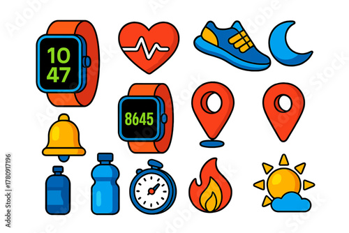 Smartwatch Fitness Icons. Isometric vector illustration set Smartwatch Fitness Icons: smartwatch with digital screen, heartbeat