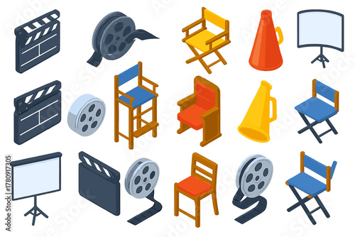 Filmmaking Tools Icons. Isometric vector illustration set filmmaking elements: striped clapperboard, open film reel, foldable