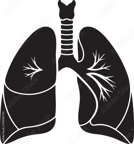 Black Silhouette Human Lungs Anatomy Graphic Art Isolated on White Background