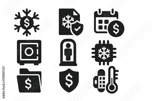 Cryo-Insurance Icons. Solid style icons of cryo-insurance and funding: money snowflake icon, preservation policy file, payment