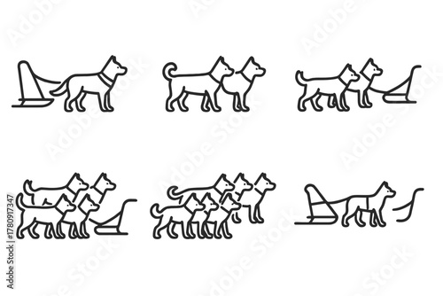 Sled Team Configurations. Line style icons of sled configurations: single dog pull, two-abreast pair, four-dog team, six-dog team,